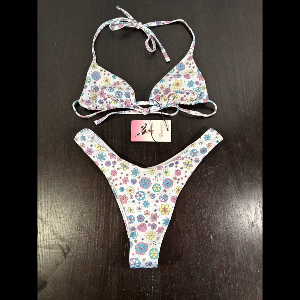 Oceanus Ditzy Spirograph Style Floral Bikini Set White Multicolor Size L